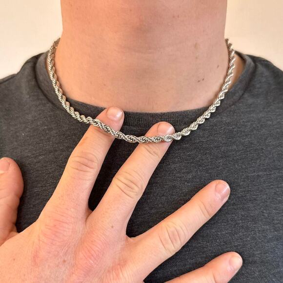 Silver Rope Chain Necklace 5mm 20 Inch Unisex Y2K Streetwear Jewelry - Picture 2 of 2